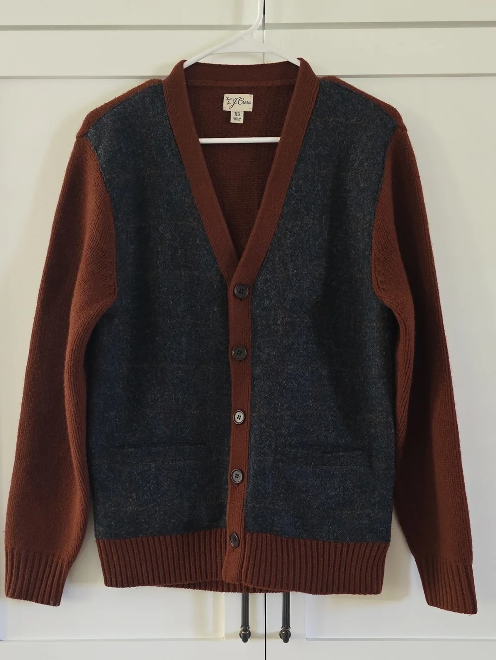 J. Crew Men's Wool V-neck cardigan sweater with Harris Tweed.